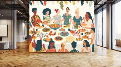  A community gathers for a potluck dinner sharing dishes from diverse cultural backgrounds celebrating the nation's melting pot identity.  Wall mural