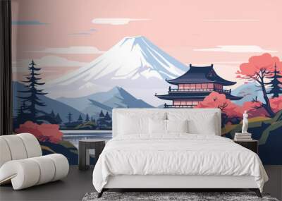  cartoon style illustration japanese house mountain landscape. Vector illustration  Wall mural