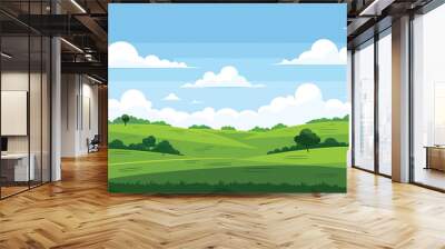 A whimsical cartoon illustration of a sprawling green field with trees, fluffy clouds in the sky, and a serene natural landscape Wall mural