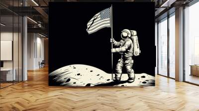 Abstract astronaut planting a flag on the newly discovered moon. simple Vector art Wall mural