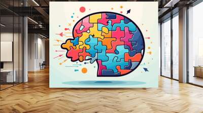 Abstract brain with puzzle pieces signifying the cognitive benefits of engaging in challenging mental activities .simple isolated line styled vector illustration Wall mural