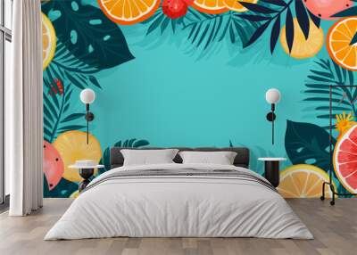 Abstract tropical palm leaves and exotic fruits, providing a festive and exotic background for a summer or beach-themed party. simple minimalist illustration creative Wall mural