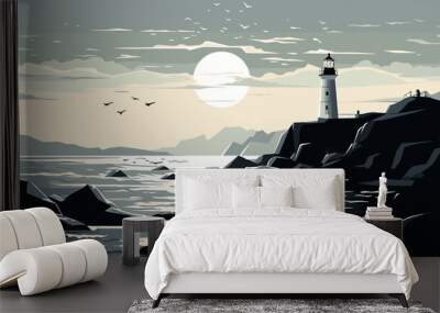 Abstract white lighthouse on a rocky shore. simple Vector art Wall mural