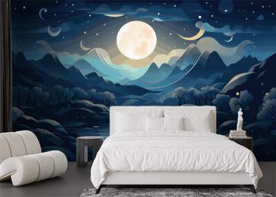 beauty of a moonlit fantasy landscape in a vector scene featuring dreamlike elements under the moon's glow. Illustrate imaginative landscapes with fantastical elements Wall mural