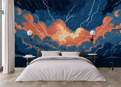 Convey the power and drama of stormy weather in a vector art piece showcasing thunderclouds lightning and the tumultuous energy of a tempestuous sky .simple isolated line styled vector illustration Wall mural