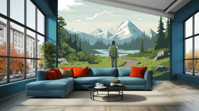 Convey the serenity and mindfulness of hiking in a vector art piece showcasing scenes of hikers amidst peaceful landscapes surrounded by nature's tranquility .simple isolated line styled vector Wall mural