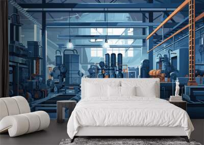 Create an industrial vector background with metallic grays and machinery blues. The subject is a clear vector depiction of a factory floor with heavy machinery and industrial equipment. Wall mural