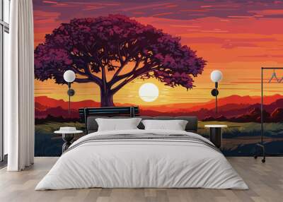 evening sunset in the big tree chair in mountains Wall mural