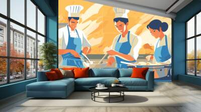 Food Vector Cooking Class vector illustration of a cooking class in progress with chefs, students, cooking utensils, and delicious dishes being prepared Wall mural