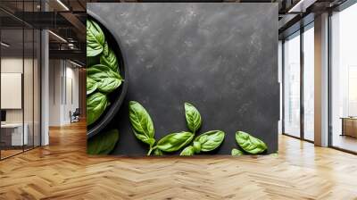 Fresh basil leaves in a pot on a dark background. ai generated. Wall mural