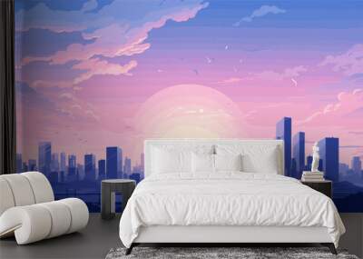 Futuristic vector art of a bustling city at dawn  with sleek architecture  flying vehicles  and a sense of innovation and progress in the air. simple minimalist illustration creative Wall mural