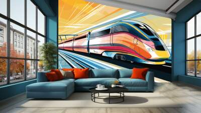 high-speed capabilities of electric trains in a vector art piece showcasing trains racing along electrified tracks.  Wall mural