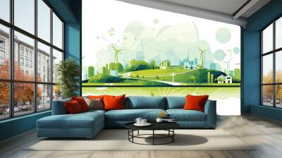 innovation and technology behind green energy in a vector scene featuring individuals working on cutting-edge renewable energy projects, from designing wind farms to installing solar arrays.  Wall mural