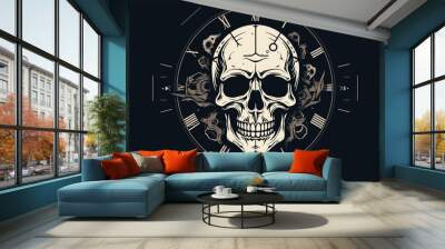 Skull and clock vector design  blending mortality and the passage of time in a conceptually rich visual. simple minimalist illustration creative Wall mural