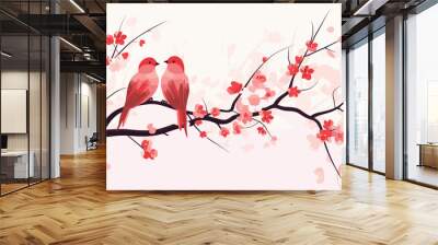 Small minimalist background illustration, line art style. one line, creative,anime. Vectorized birds in love perched on blooming branches, symbolizing the affectionate and natural motifs associated Wall mural