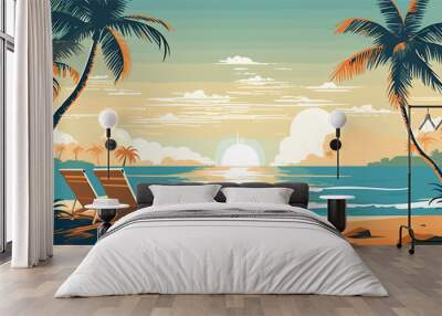 travel themed vector background tropical beach shades of sandy beige and ocean blue. a vector illustration of a tranquil beach scene with palm trees, turquoise waters, and sun loungers. Wall mural