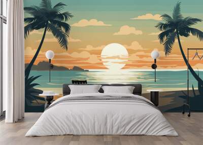 travel themed vector background tropical beach shades of sandy beige and ocean blue. a vector illustration of a tranquil beach scene with palm trees, turquoise waters, and sun loungers. Wall mural