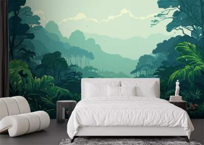 Tropical rainforest in the midst of a gentle rain  portraying the life-giving moisture that sustains the incredible array of plant and animal species. simple minimalist illustration creative Wall mural