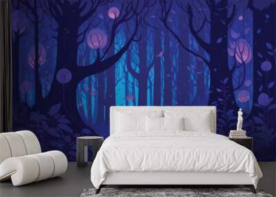 vector background illustration showcasing a magical nighttime forest. purples and blues. fireflies, glowing mushrooms. mystery and wonder fantastical nighttime forest. Wall mural