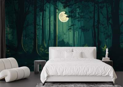 vector background illustration that depicts a nocturnal adventure in the wilderness. dark greens and forest illuminated by moonlight. towering trees, mysterious wildlife, and a winding path Wall mural