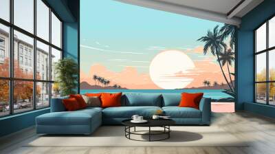 Vector depiction of a tropical sun with palm trees  a sandy beach  and a clear blue sky  creating a visually inviting and warm atmosphere. simple minimalist illustration creative Wall mural