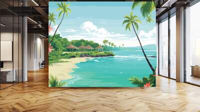 vector poster highlighting the tropical paradise of Bali, featuring lush landscapes, traditional Balinese elements, and serene beach scenes, island's tranquility  Wall mural