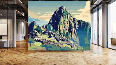 vector poster showcasing the awe inspiring Machu Picchu in Peru, featuring the ancient ruins, lush landscapes, and elements of Incan culture Wall mural