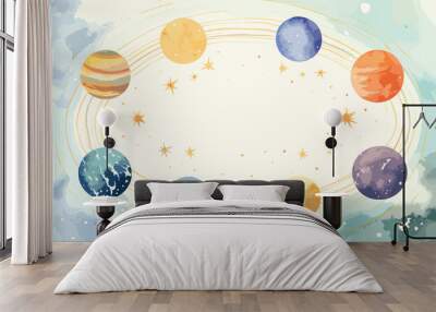 vector representation of a celestial alignment featuring planets, stars, and cosmic phenomena, set against a watercolor texture background for an ethereal and artistic portrayal.  Wall mural