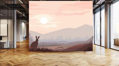 vector scene of a heath at dawn, blanketed in a gentle mist. a solitary rabbit, is featured prominently in the foreground.  Wall mural