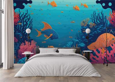 vector style background image that captures the essence of underwater life, combining intricate coral reefs, vibrant marine creatures, and shimmering rays of light filtering through the ocean depths. Wall mural