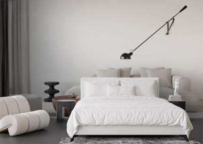 Stylish living room in beige tones with a sofa, a sconce, a wooden table, a marble side table and pouf Wall mural