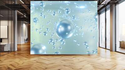 3D cosmetic rendering Blue liquid bubbles on a fuzzy background. collagen-based bubble design. Moisturizing and serum concept principles. Vitamins as a concept for health and beauty. Wall mural