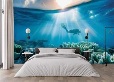 Vibrant Underwater Exploration A Stunning Illustration of a Snorkeler Discovering the Wonders of a Coral Reef Wall mural