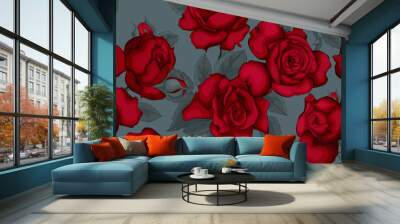 Seamless pattern with red roses. Wall mural