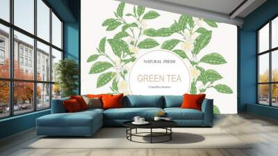 Tea background. Hand drawn Camellia sinensis plant. Green tea branches with leaves and flowers. Vector illustration. Round frame design. Wall mural