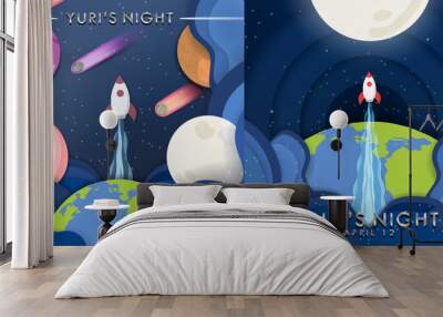 Paper Origami Yuri's Night Poster Set. Paper cutout of solar system and outer space with Earth and rocket ship. Vector Illustration.
 Wall mural