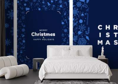 Patterned Blue Merry Christmas Templates for posters, invitations, greeting cards, prints. Set of Christmas holiday themed backgrounds with patterns of xmas doodles and icons. Vector Illustration.  Wall mural