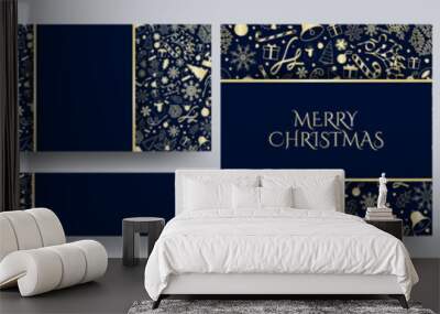 Set of Gold and Blue Christmas Card Poster Templates, greeting cards, poster, banner layouts. Golden Decorative Christmas design templates. Luxurious xmas mock ups. Editable vector Illustration. Wall mural