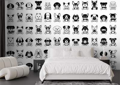 Different type of black and white vector cartoon dog faces for design. Wall mural