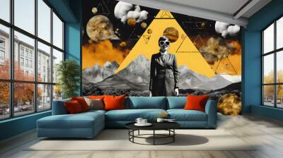 abstract surreal collage of a woman wearing sunglasses pyramid, mountains, clouds and planets Wall mural