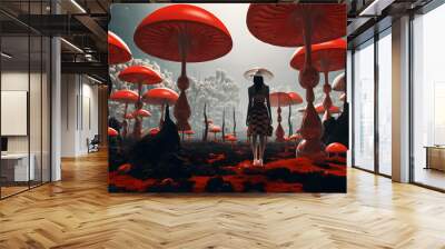 abstract surreal collage woman in the giant red mushrooms land Wall mural