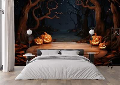 Wooden podium with halloween decorations theme for product presentation, wooden round cylinder product stage podium Wall mural