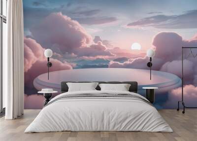 Background podium pink 3d product sky platform display cloud pastel scene render stand. Pink podium stage minimal abstract background beauty dreamy space studio pedestal smoke showcase geometric white Wall mural