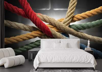 Team rope diverse strength connect partnership together teamwork unity communicate support. Strong diverse network rope team concept integrate braid color background cooperation empower power. Wall mural