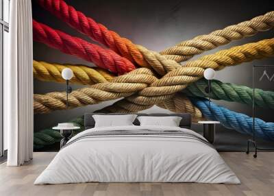 Team rope diverse strength connect partnership together teamwork unity communicate support. Strong diverse network rope team concept integrate braid color background cooperation empower power. Wall mural