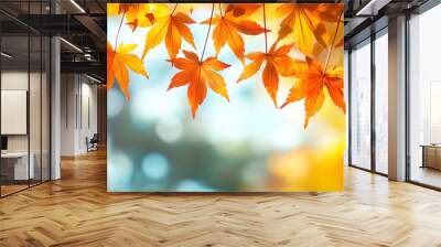 Beautiful Maple Leaves in Autumn Sunny Day in Forest, Yellow, orange and red beautiful autumn leaves in beautiful fall park. Golden sunset and bokeh background, Generative Ai Wall mural