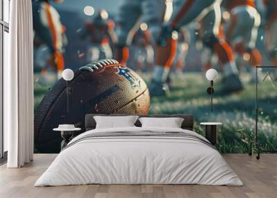 Close-up of an American football on the field with player in action, intensity of the game, sports promotions, Generative Ai  Wall mural