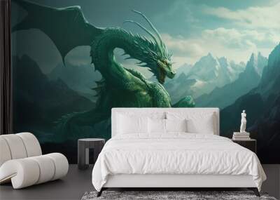 Emerald dragon man and young woman in the mountains fantasy world Wall mural