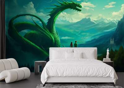 Emerald dragon man and young woman in the mountains fantasy world Wall mural