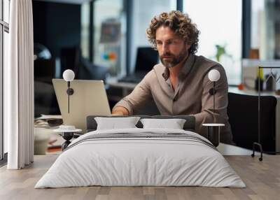 Portrait of a confident businessman working on laptop computer at office desk Wall mural